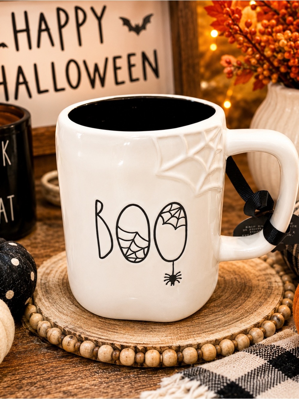 NEW Rae Dunn BOO Halloween Mug White Ceramic Spiderweb Spider Coffee Cup
